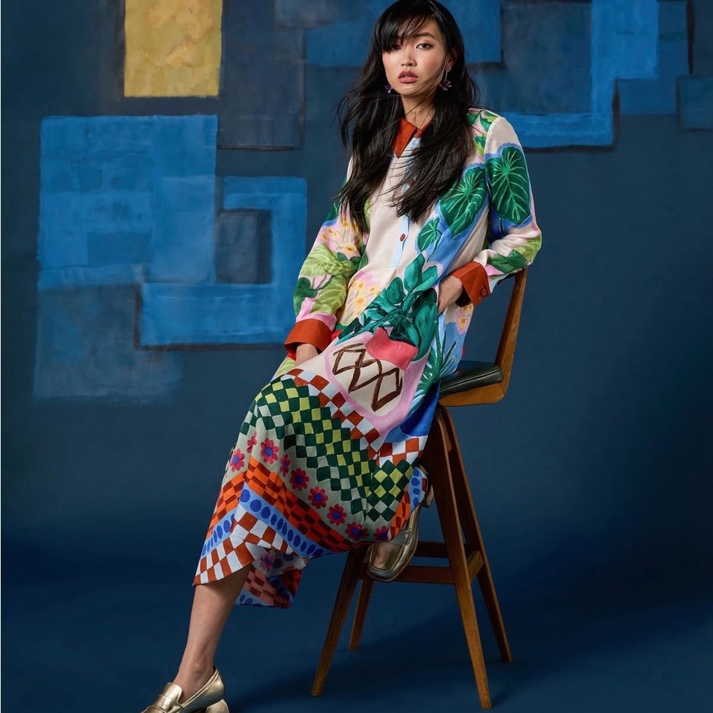 gorman Multi-Color Botanical Print Shirt Dress with Rust Collar